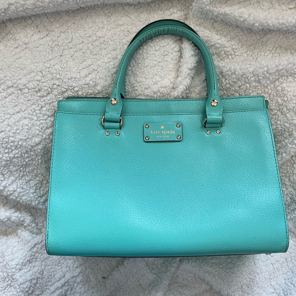 kate spade turquoise leather satchel with gold hardware